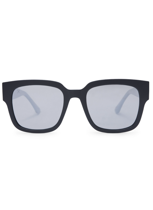 image shows a pair of matte black glasses with a grey polarized mirror lens