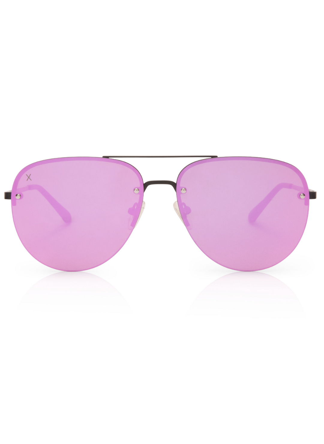 image shows glasses with aviator frames and pink lenses