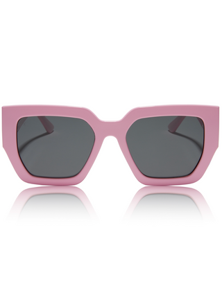 Image shows the chunky square shaped bubblegum pink glasses