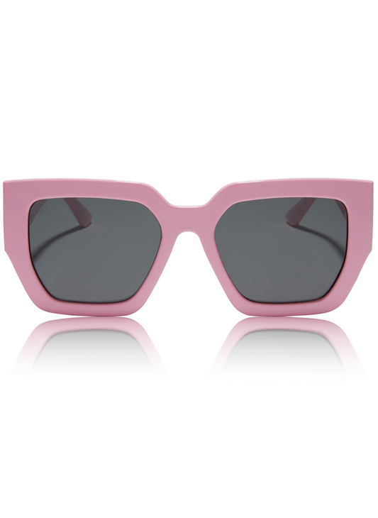 Image shows the chunky square shaped bubblegum pink glasses