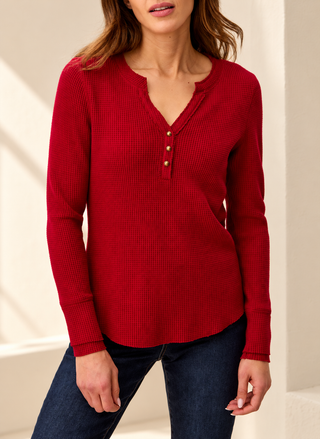 Pinot red TRIBAL brushed waffle henley with raw-edge neckline, cozy fall and holiday top