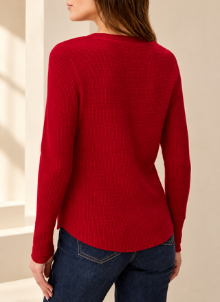 Women's red waffle knit henley top by TRIBAL with banded cuffs and curved hem - August Boutique