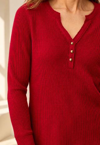 TRIBAL waffle knit henley in pinot red with three gold-tone buttons, stretchy long sleeve top
