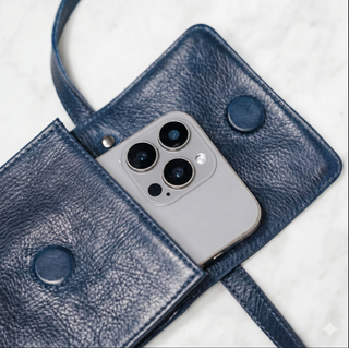 Blue leather phone case with a phone inside on a white background
