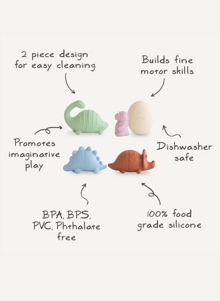 Mushie Dino Mold Free Bath Play Set with four colorful dinosaur bath toys and a cracked egg, shown with labels describing the mold-free two-piece design