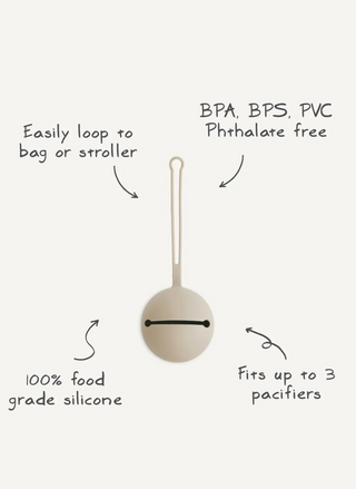 Mushie Silicone Pacifier Case product information graphic showing the compact silicone case and its pacifier storage design