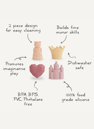 Mushie Princess Mold Free Bath Play Set 4 Pack featuring four pastel food-grade silicone bath toys: a pink princess bear, cream crown, faceted pink heart gem, and pink castle