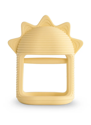 Mushie No-Drop Sun Teether in Sunshine yellow silicone, featuring a sun-shaped design with textured rays and an open rectangular interior handle for easy gripping
