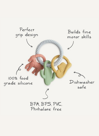 Mushie Western Teething Ring product graphic showing the textured silicone ring and three attached charms including a horse, cactus, and cowboy hat