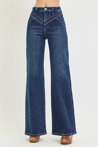 Risen High Rise Wide Leg V Yoke Stretchy Jeans in dark wash denim - August Boutique