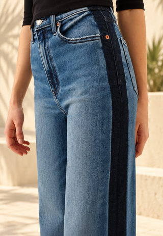 Close-up of tuxedo side stripe on Daze high rise wide leg stretch jeans - August Boutique