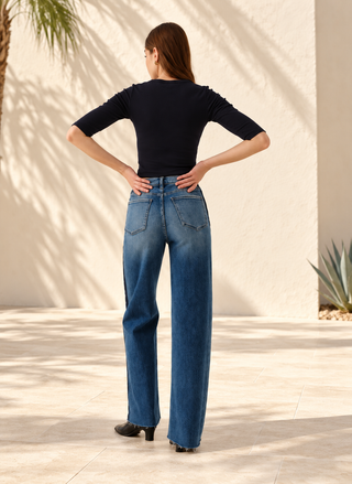 Daze Far Out tuxedo stripe high rise wide leg jeans, women's stretch denim - August Boutique