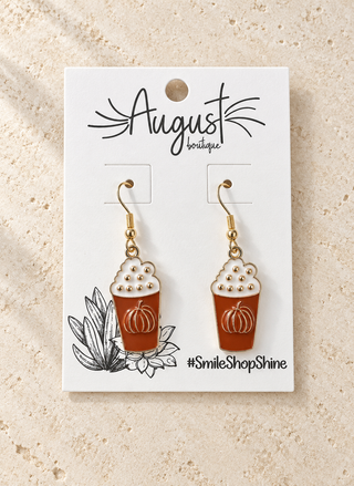 GANZ pumpkin spice latte enamel dangle earrings with whipped cream top and gold fish hooks - August Boutique