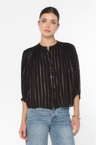 Velvet Heart Lurex Stripe Harlan Blouse, women's gold metallic striped top with mandarin collar, V-neck and 3/4 balloon sleeves - August Boutique