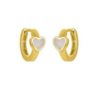 Front view of FYB Littles Opal Heart Huggies featuring heart-shaped design with opal center in gold and silver