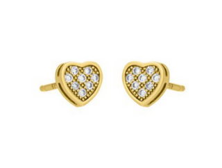 FYB Littles pavé heart stud earrings in gold and silver, hypoallergenic children’s jewelry.