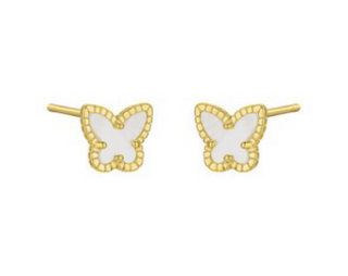Front view of FYB Littles Butterfly Pearl Studs in sterling silver featuring pearl butterfly shape with silver outline