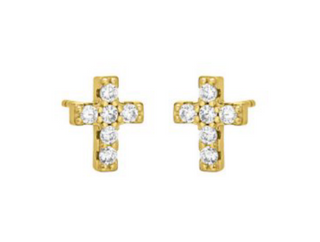 Front view of FYB Littles Cross Studs in sterling silver featuring rhinestone-adorned cross shape
