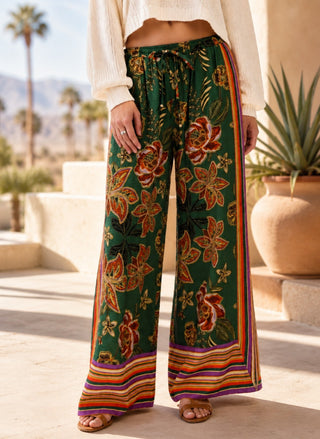Magnetic Border Print Floral Wide Leg Pants