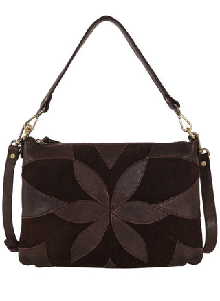 Latico Stevie Suede Leather Crossbody Bag in Brown with suede lotus flower design - August Boutique