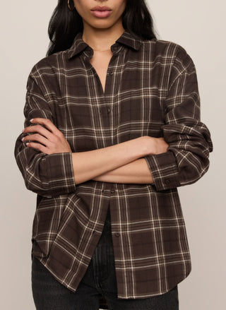 Z Supply River Plaid Dark Roast flannel button up, cozy collared shacket for fall and winter - August Boutique