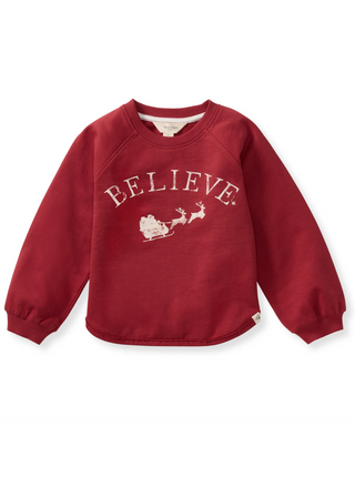 Burt’s Bees Baby Believe Sweatshirt in festive red organic cotton with white Santa sleigh and reindeer graphic