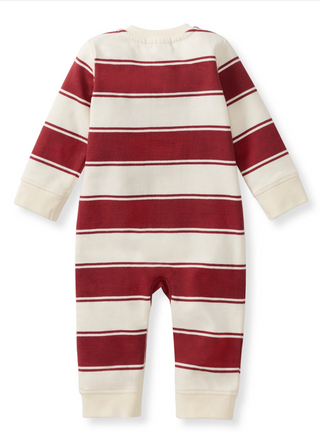 Festive baby romper with red and white stripes, long sleeves, and snap closures, organic cotton