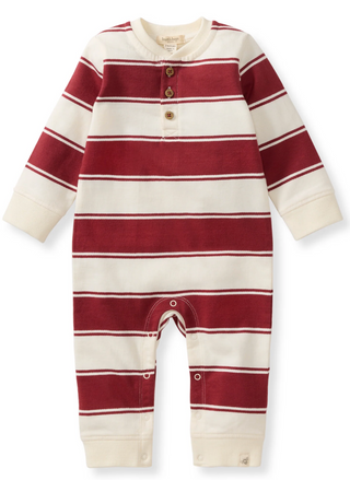 Organic cotton red and cream striped baby romper with buttons and snaps, Burt’s Bees Baby