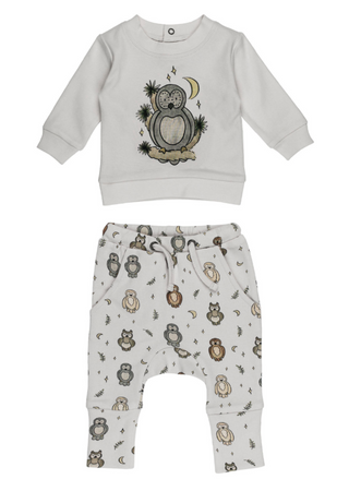 Flat lay of L’ovedbaby Organic Owl Hoo? Sweat Set in light grey, baby sweatshirt and pants with owl print