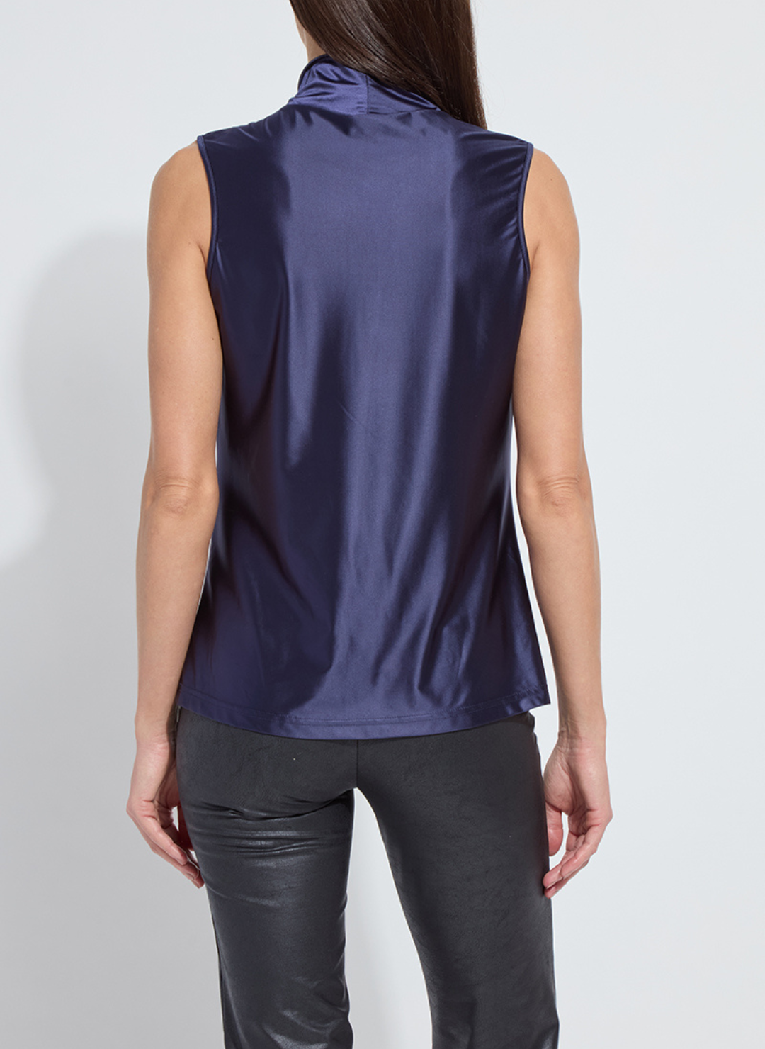 Back view of Lyssé Branca Halter Draped Top in navy sleeveless satin finish