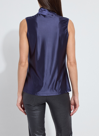 Back view of Lyssé Branca Halter Draped Top in navy sleeveless satin finish