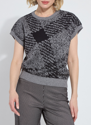 Front view of Lyssé Germaine Pullover Sweater in black and gray abstract pattern with ribbed hem.