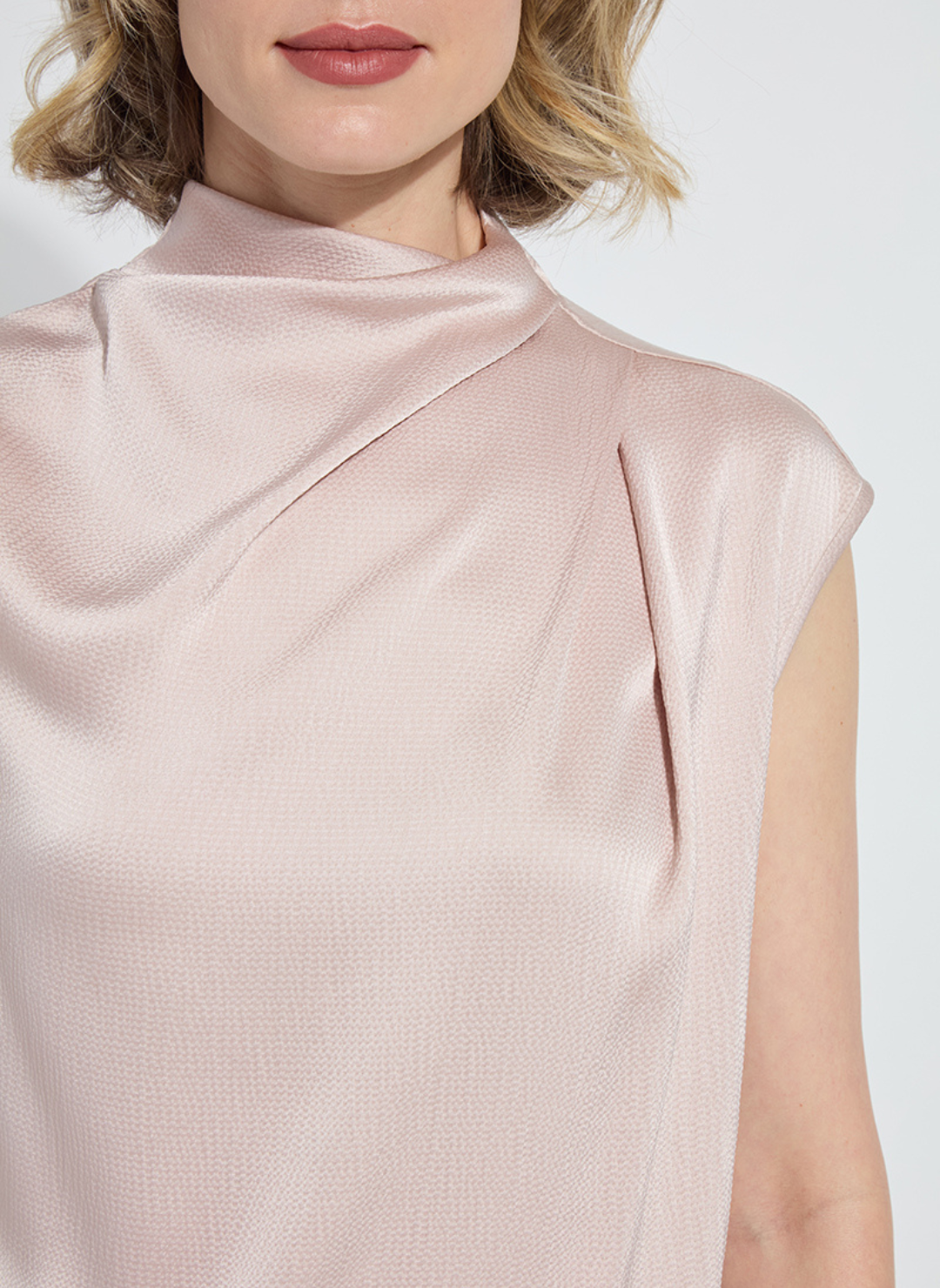 Front view of Lyssé Aisha Neck Draped Blouse in blush pink