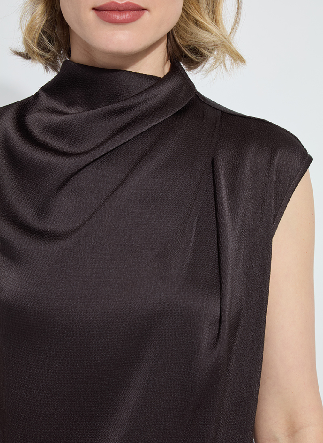 Front view of Lyssé Aisha Neck Draped Blouse in brown.