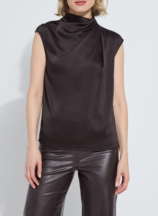Front view of Lyssé Aisha Neck Draped Blouse in brown.