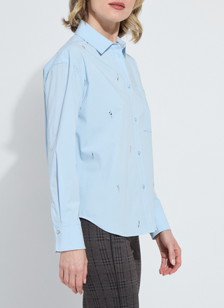 Front view of Lyssé Skye Crystal Embellished Shirt in powder blue with crystal details