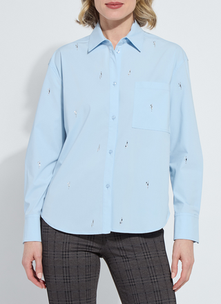 Front view of Lyssé Skye Crystal Embellished Shirt in powder blue with crystal details