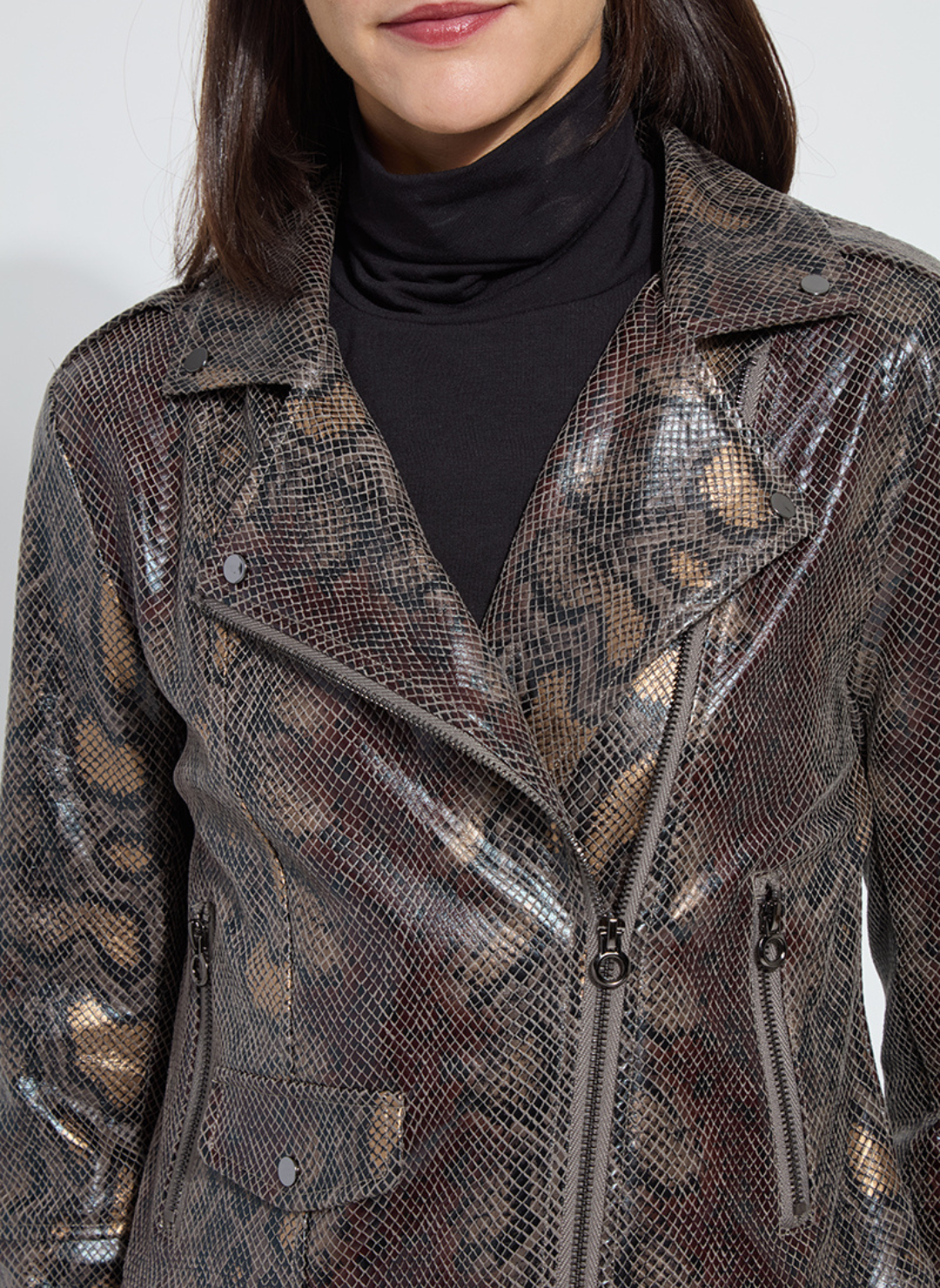 Lyssé Amelia Moto Jacket front view with metallic snake print and zipper details