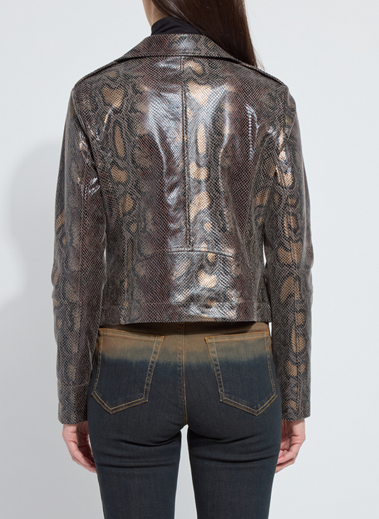 Back view of Lyssé Amelia Moto Jacket with metallic snake-inspired finish