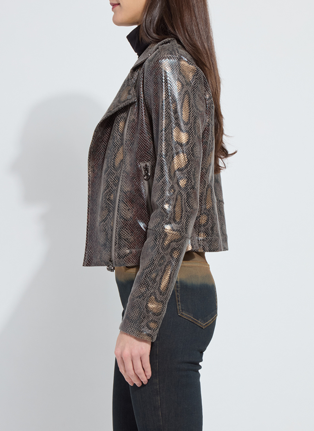 Side view of Lyssé Amelia Moto Jacket with metallic snake-inspired finish