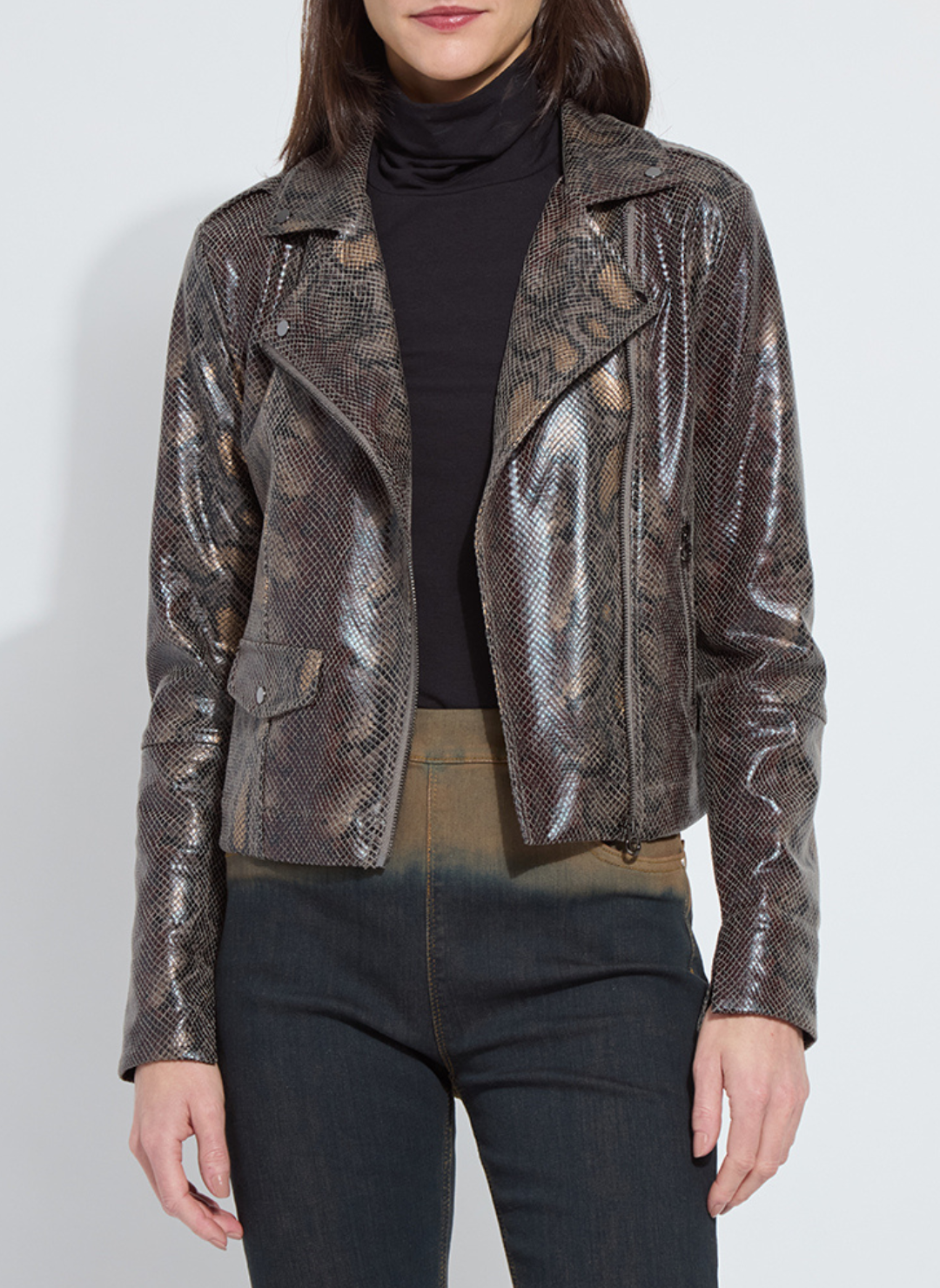 Lyssé Amelia Moto Jacket front view with metallic snake print and zipper details