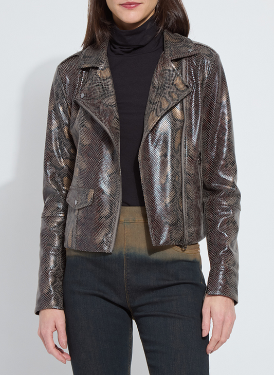 Lyssé Amelia Moto Jacket front view with metallic snake print and zipper details