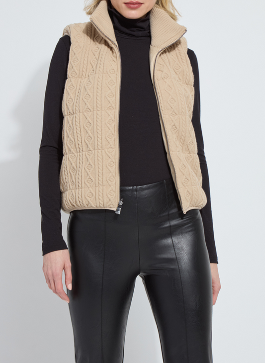Woman wearing Lyssé Petra Reversible Puffer Sweater Vest sweater knit side front view