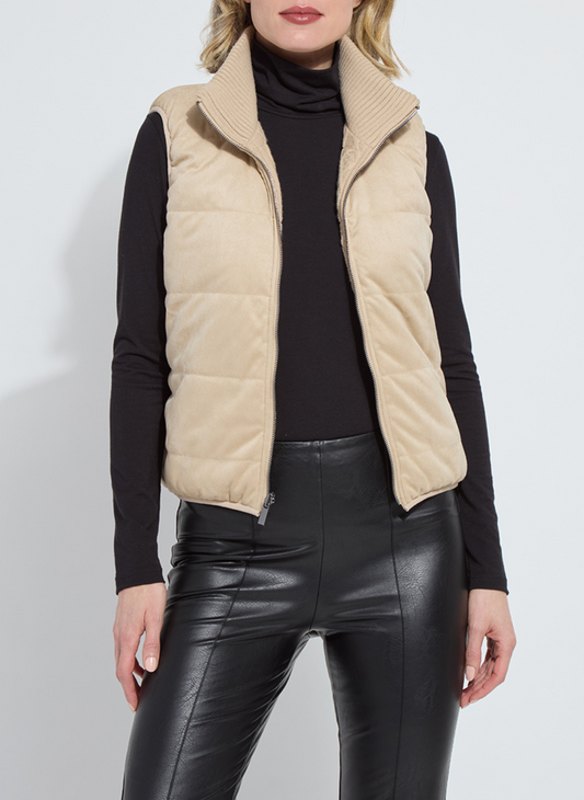 Woman wearing Lyssé Petra Reversible Puffer Sweater Vest Puffer side front view