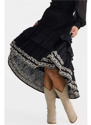 High-low ruffle skirt with cream embroidered trim, Talisman Sassy Skirt Australia design.