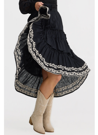 High-low ruffle skirt with cream embroidered trim, Talisman Sassy Skirt Australia design.