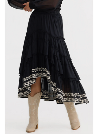 High-low ruffle skirt with cream embroidered trim, Talisman Sassy Skirt Australia design.
