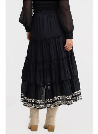 Back view of the high-low ruffle skirt with cream embroidered trim, Talisman Sassy Skirt Australia design.