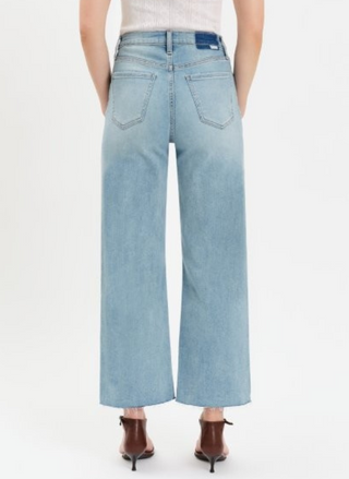 Back view of Daze Pleaser Wide Ankle High Rise Jeans in light wash with classic pockets.