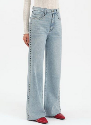 Daze Denim Far Out High Rise Stud Jeans in light wash with studded seam detail, front view